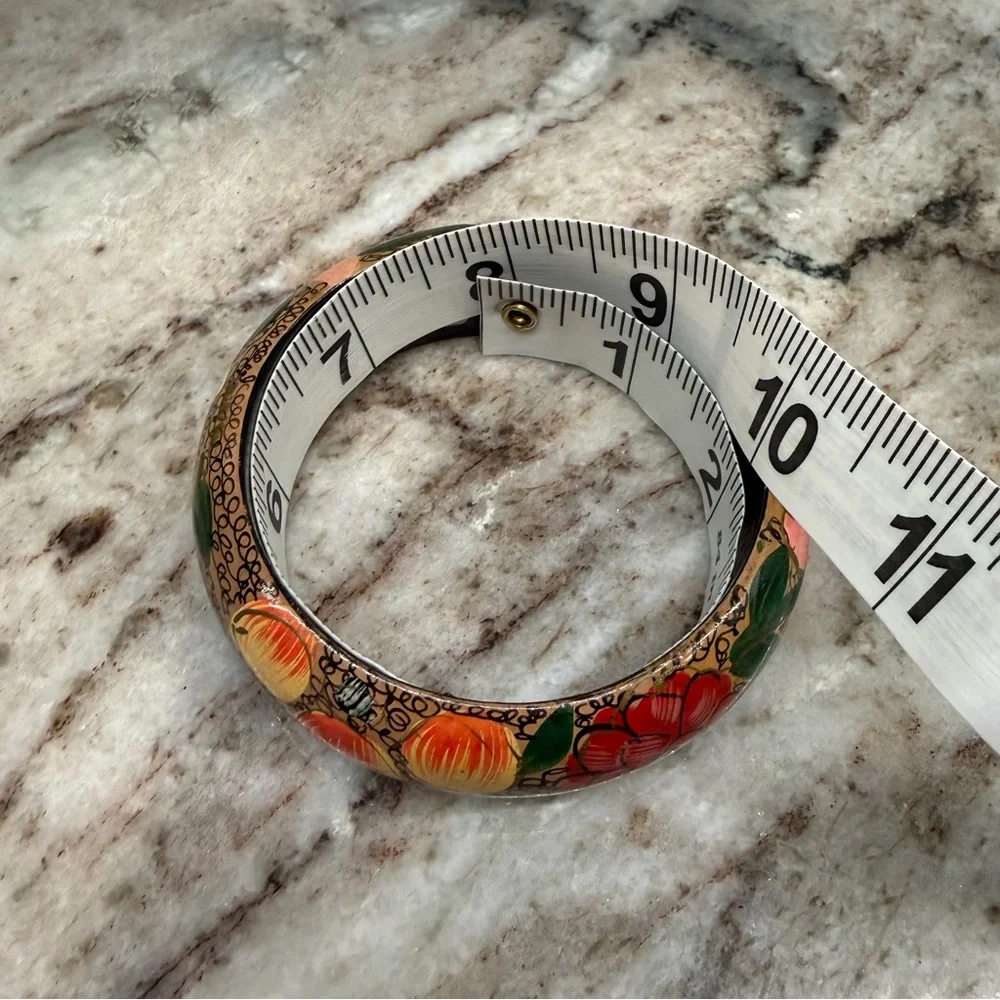 Vintage Hand Painted Lacquered Wood Floral Flower Black Pink  Bangle Bracelet